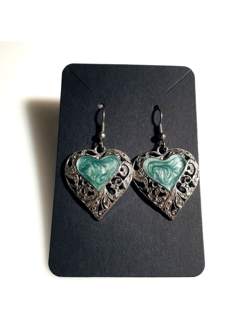 Heart Shaped Dangle Earrings Green Swirl Filled Filigree Design Lightweight
